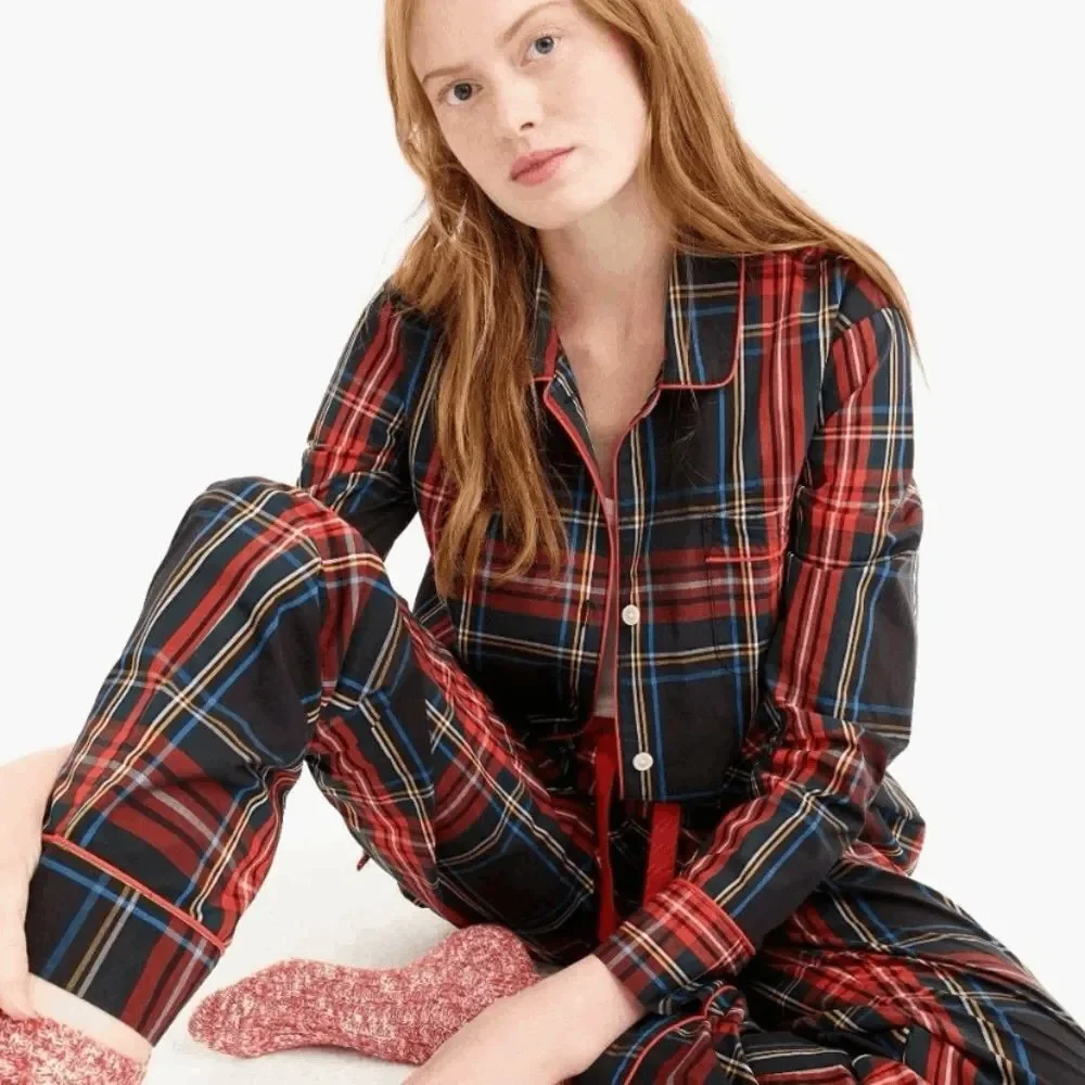 J. Crew Stewart Tartan Cotton Poplin Plaid Pajama Pant Set Women's Size Large